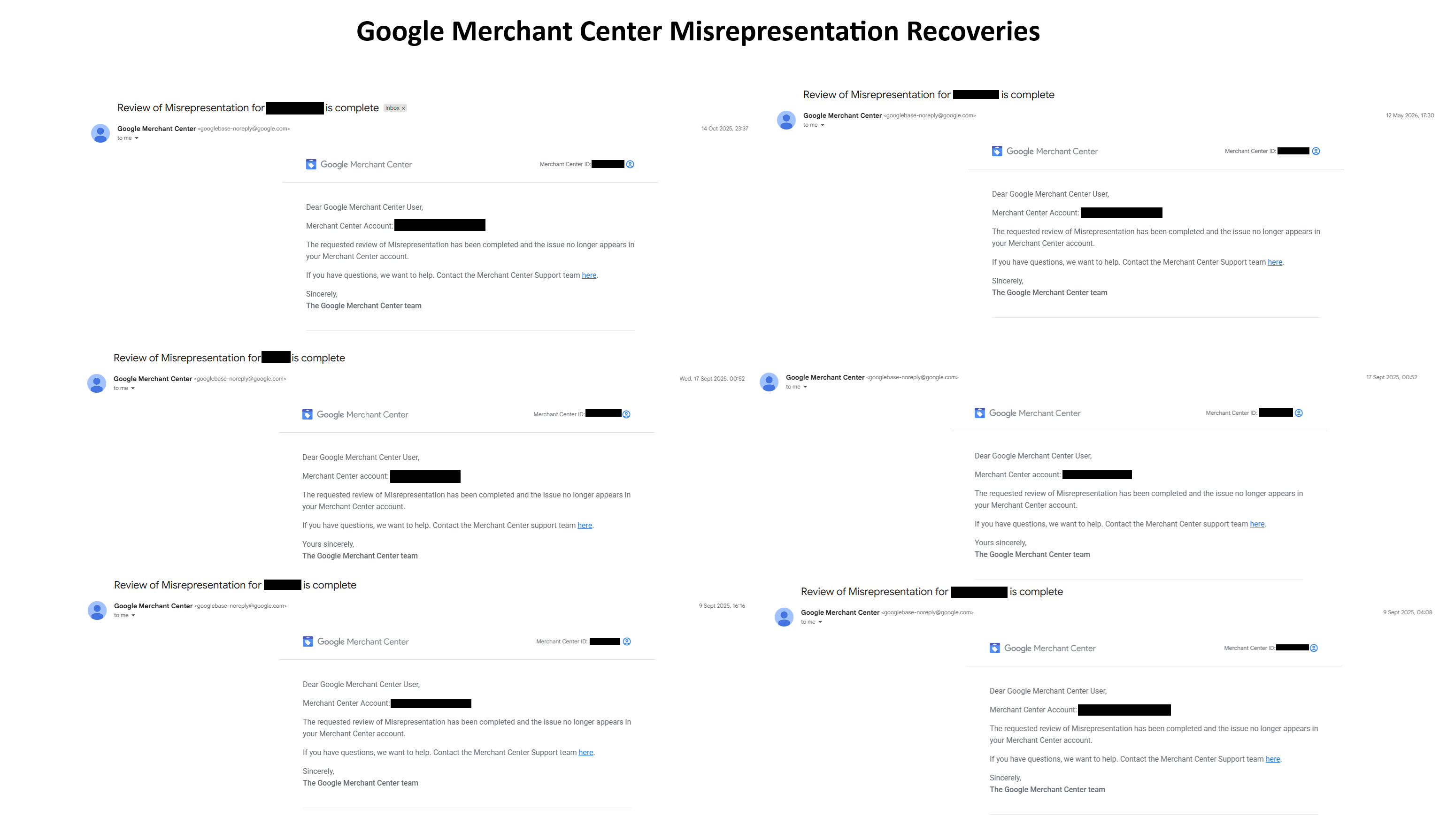 Anonymised Google Merchant Center review-completion notices