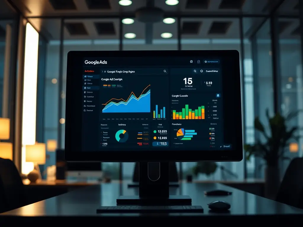 A close-up shot of a dynamically updating Google Ads dashboard, showcasing positive trends in click-through rates, conversion rates, and return on ad spend (ROAS).
